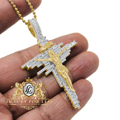 Baguette Real Genuine Sterling Silver Simulated Diamond 14K Gold Finish Jesus Crucifix Cross Charm Pendent + Chain 2.75''