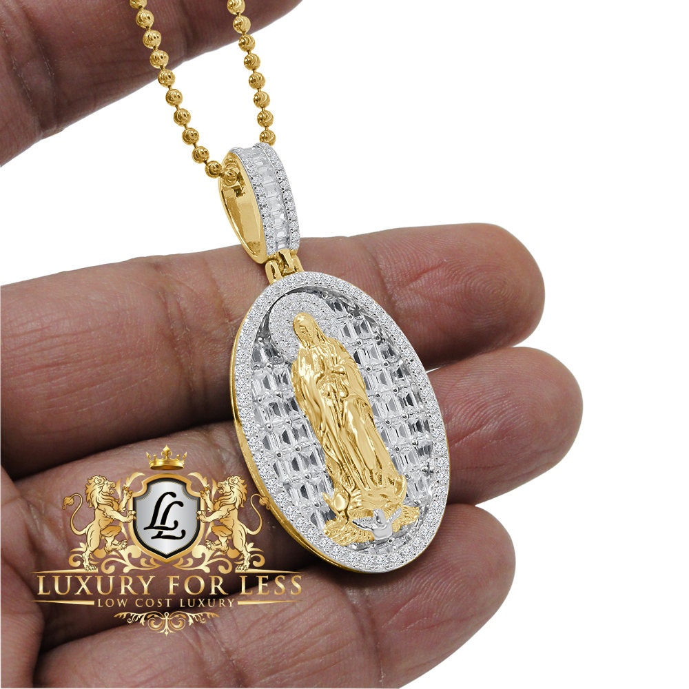 Baguette Real Genuine Sterling Silver Simulated Diamond 14K Gold Finish Virgin Mother Mary Frame Charm Pendent + Chain 2''