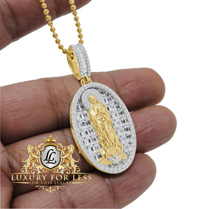 Baguette Real Genuine Sterling Silver Simulated Diamond 14K Gold Finish Virgin Mother Mary Frame Charm Pendent + Chain 2''