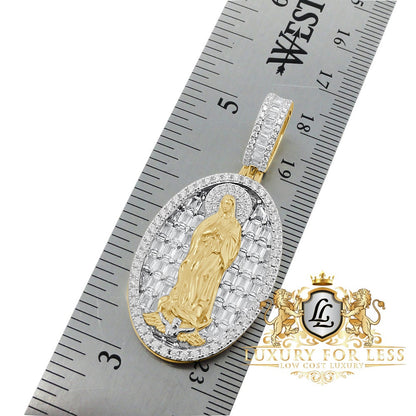 Baguette Real Genuine Sterling Silver Simulated Diamond 14K Gold Finish Virgin Mother Mary Frame Charm Pendent + Chain 2''