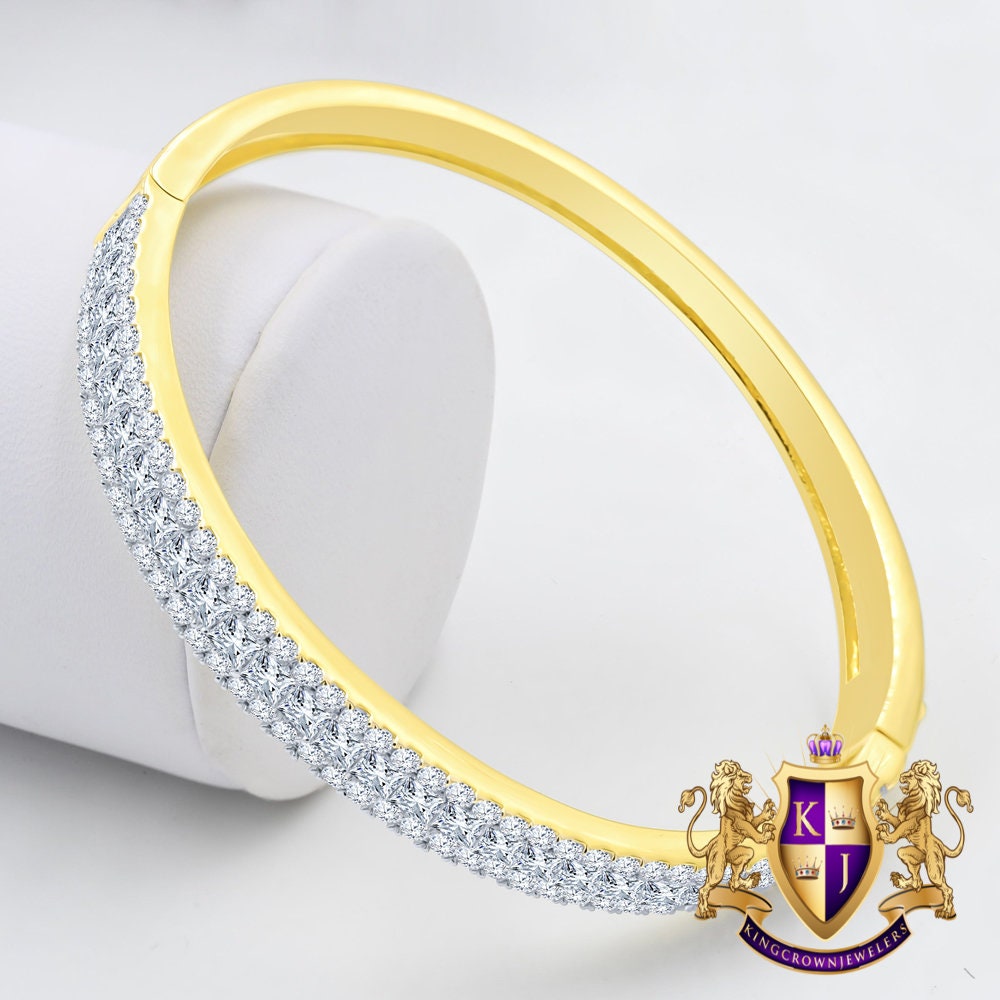 6.75CT Princess & Round Cut Diamond Real Genuine Sterling Silver Luxury Bangle Bracelet 14K Yellow Gold Over