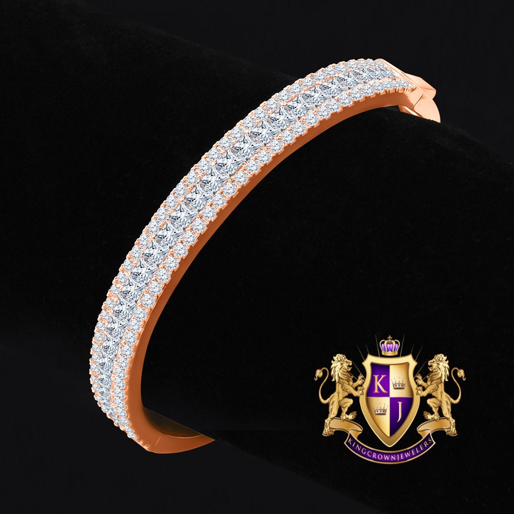 6.75CT Princess & Round Cut Diamond Real Genuine Sterling Silver Luxury Bangle Bracelet 14K Rose Gold Over