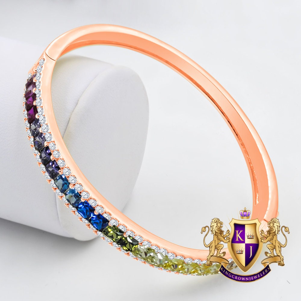 6.75CT Rainbow Multi Tone Princess & Round Cut Diamond Real Genuine Sterling Silver Luxury Bangle Bracelet 14K Rose Gold Over