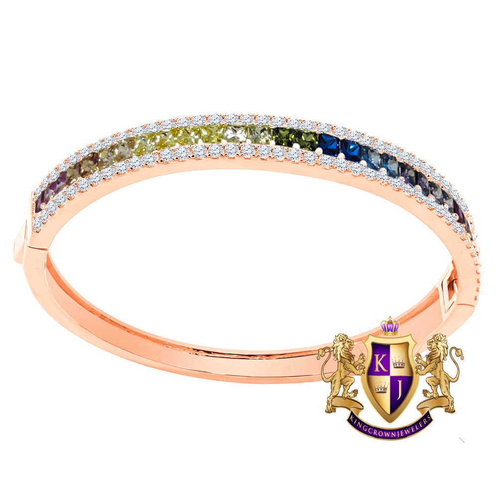 6.75CT Rainbow Multi Tone Princess & Round Cut Diamond Real Genuine Sterling Silver Luxury Bangle Bracelet 14K Rose Gold Over