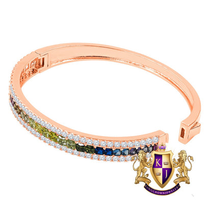 6.75CT Rainbow Multi Tone Princess & Round Cut Diamond Real Genuine Sterling Silver Luxury Bangle Bracelet 14K Rose Gold Over