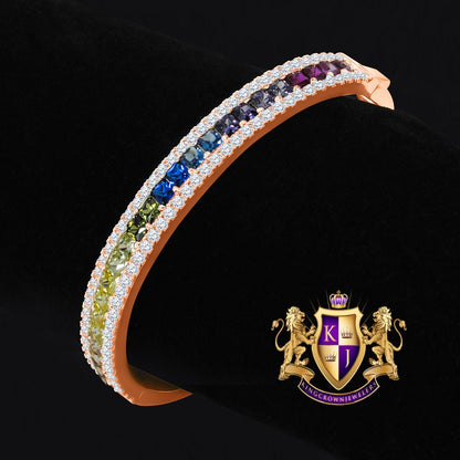 6.75CT Rainbow Multi Tone Princess & Round Cut Diamond Real Genuine Sterling Silver Luxury Bangle Bracelet 14K Rose Gold Over