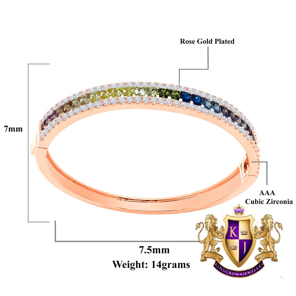 6.75CT Rainbow Multi Tone Princess & Round Cut Diamond Real Genuine Sterling Silver Luxury Bangle Bracelet 14K Rose Gold Over