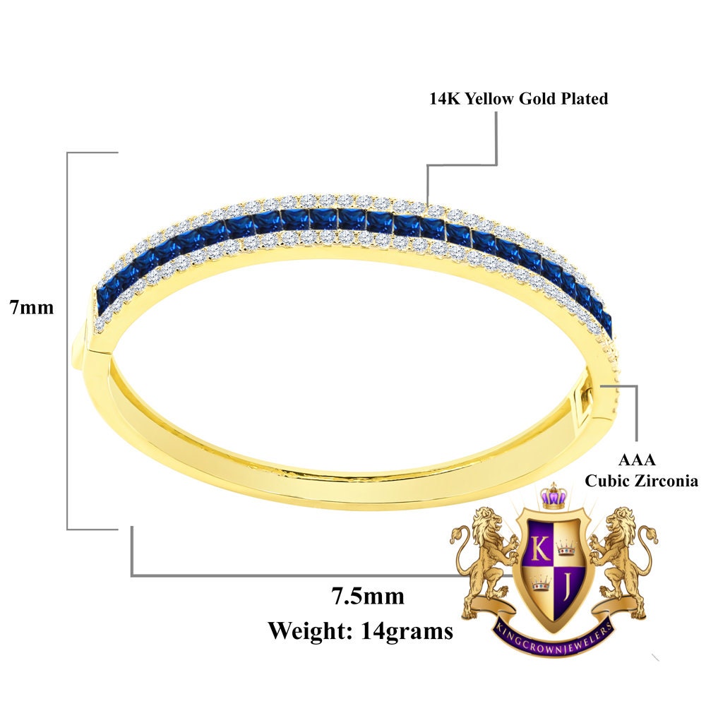 Sapphire Blue 6.75CT Princess & Round Cut Diamond Real Genuine Sterling Silver Luxury Bangle Bracelet 14K Yellow Gold Over