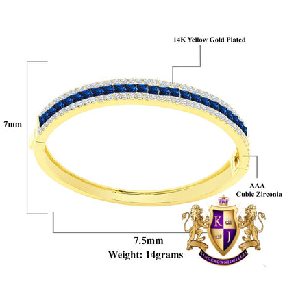 Sapphire Blue 6.75CT Princess & Round Cut Diamond Real Genuine Sterling Silver Luxury Bangle Bracelet 14K Yellow Gold Over