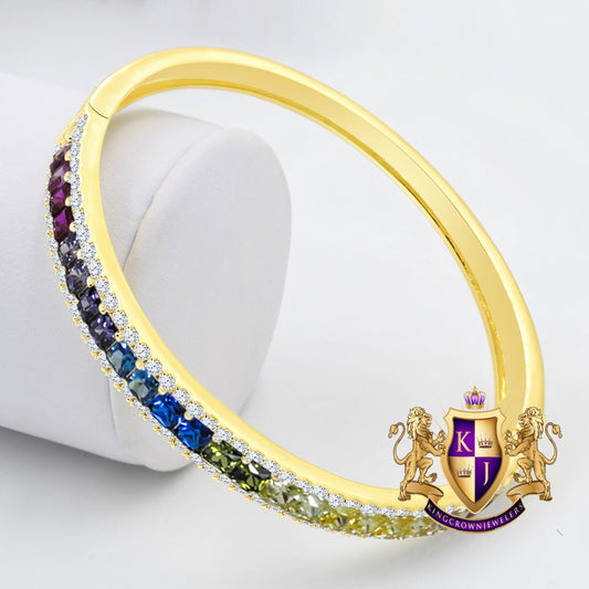 6.75CT Rainbow Multi Tone Princess & Round Cut Diamond Real Genuine Sterling Silver Luxury Bangle Bracelet 14K Yellow Gold Over