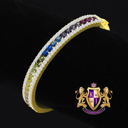 6.75CT Rainbow Multi Tone Princess & Round Cut Diamond Real Genuine Sterling Silver Luxury Bangle Bracelet 14K Yellow Gold Over