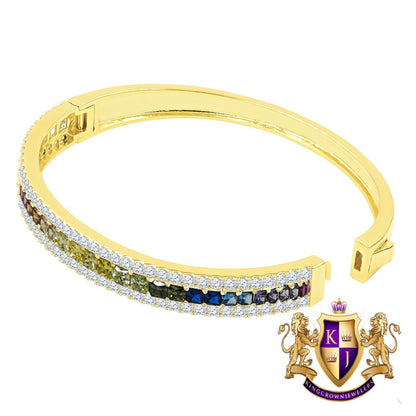 6.75CT Rainbow Multi Tone Princess & Round Cut Diamond Real Genuine Sterling Silver Luxury Bangle Bracelet 14K Yellow Gold Over