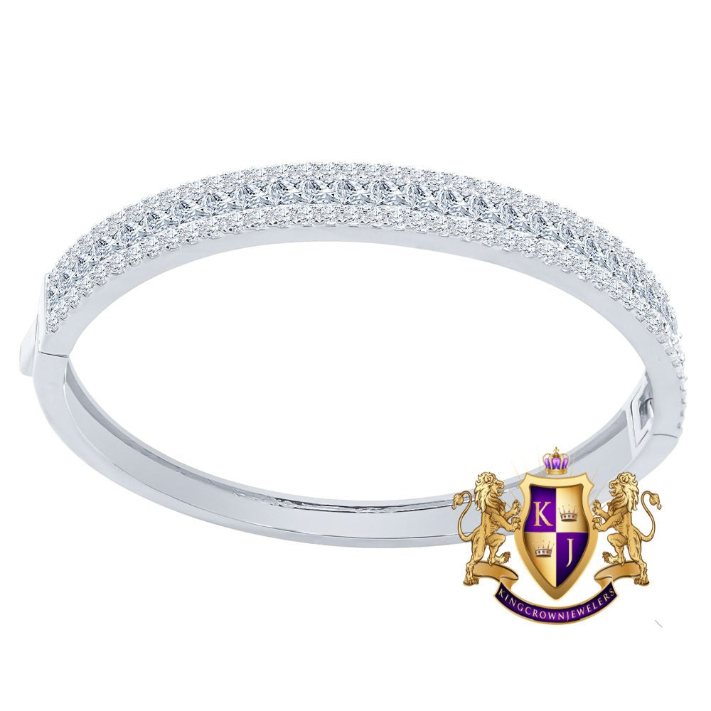 6.75CT Princess & Round Cut Diamond Real Genuine Sterling Silver Luxury Bangle Bracelet 14K White Gold Over