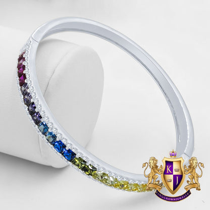 6.75CT Rainbow Multi Tone Princess & Round Cut Diamond Real Genuine Sterling Silver Luxury Bangle Bracelet 14K White Gold Over