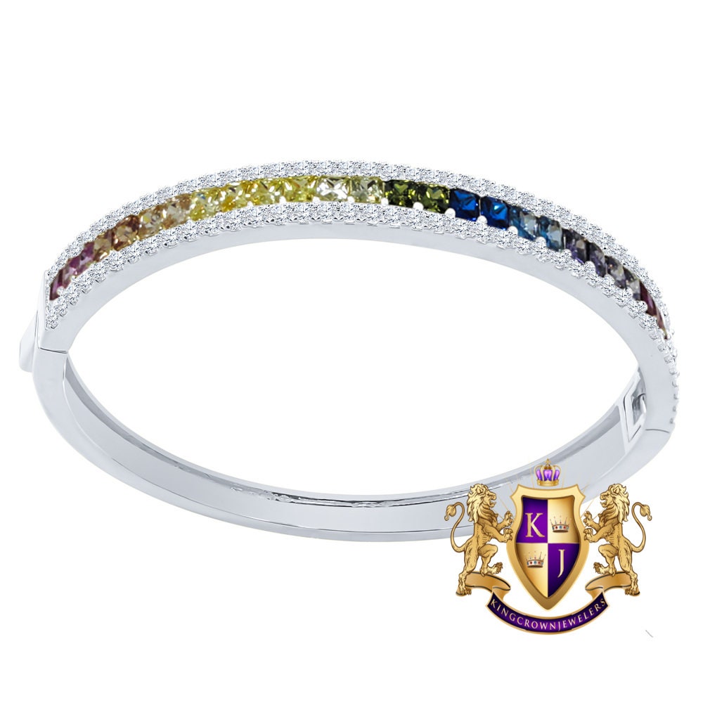 6.75CT Rainbow Multi Tone Princess & Round Cut Diamond Real Genuine Sterling Silver Luxury Bangle Bracelet 14K White Gold Over