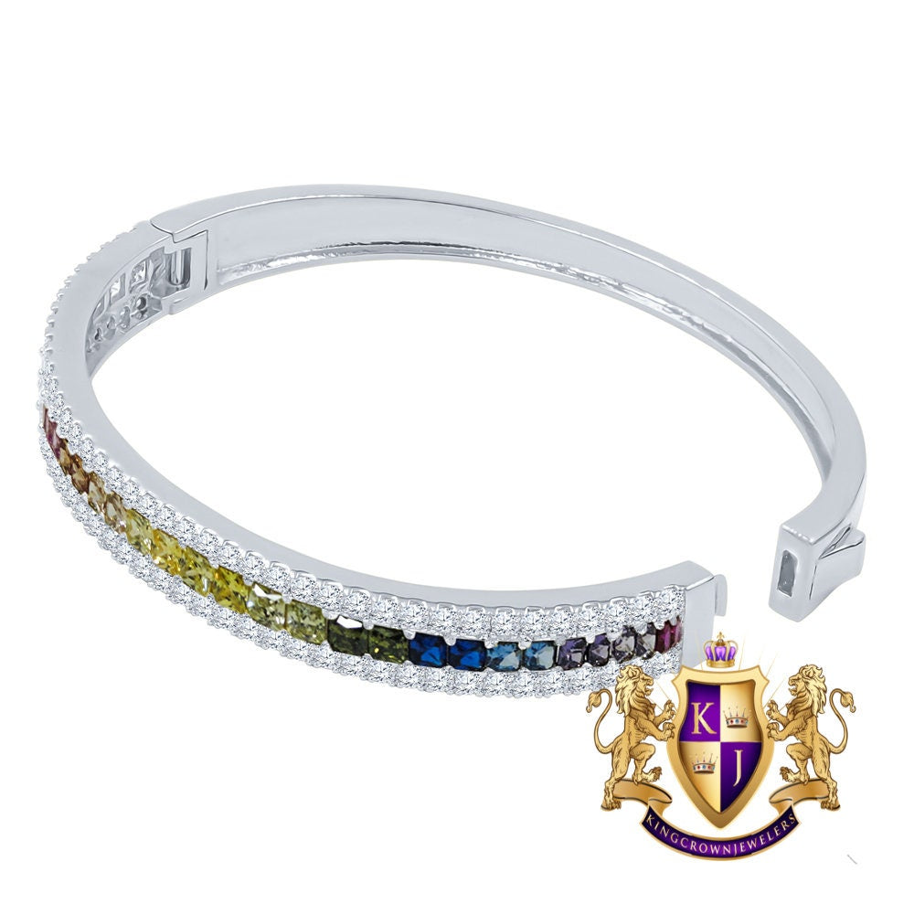 6.75CT Rainbow Multi Tone Princess & Round Cut Diamond Real Genuine Sterling Silver Luxury Bangle Bracelet 14K White Gold Over