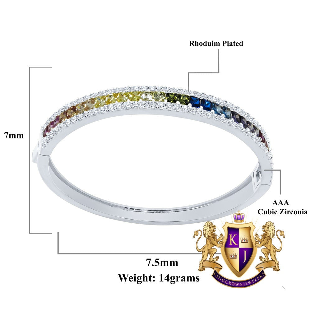 6.75CT Rainbow Multi Tone Princess & Round Cut Diamond Real Genuine Sterling Silver Luxury Bangle Bracelet 14K White Gold Over