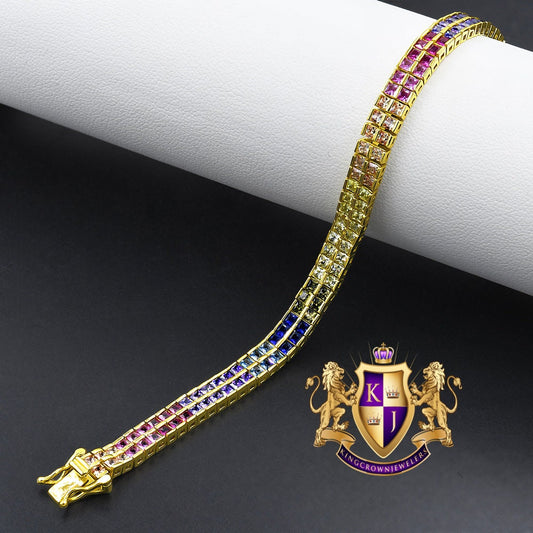 Real Genuine Sterling Silver Rainbow Multi Tone 14K Gold Over 8.00 Cwt. Baguette/Round Cut Simulated Diamond 2 Row Unisex Link Bracelet 6mm