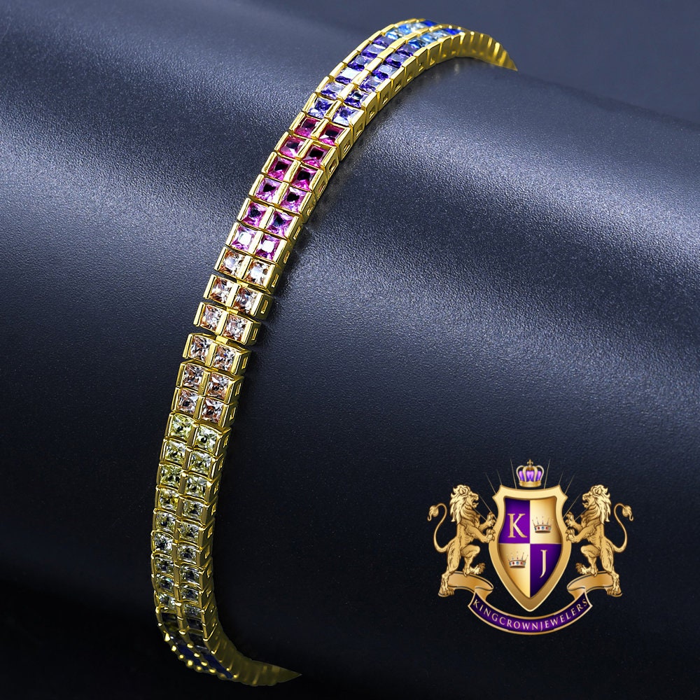 Real Genuine Sterling Silver Rainbow Multi Tone 14K Gold Over 8.00 Cwt. Baguette/Round Cut Simulated Diamond 2 Row Unisex Link Bracelet 6mm