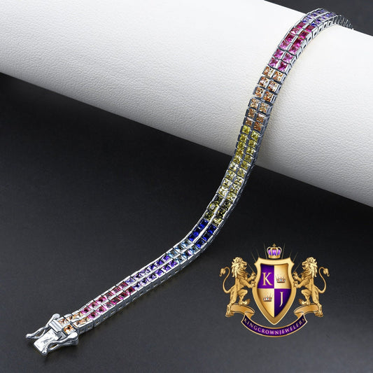 Real Genuine White Gold On Sterling Silver Baguette 8 Cwt. Rainbow Multi Tone 2 Row Unisex Link Bracelet 6mm