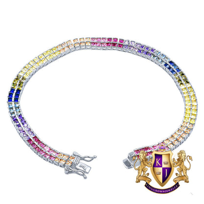 Real Genuine White Gold On Sterling Silver Baguette 8 Cwt. Rainbow Multi Tone 2 Row Unisex Link Bracelet 6mm