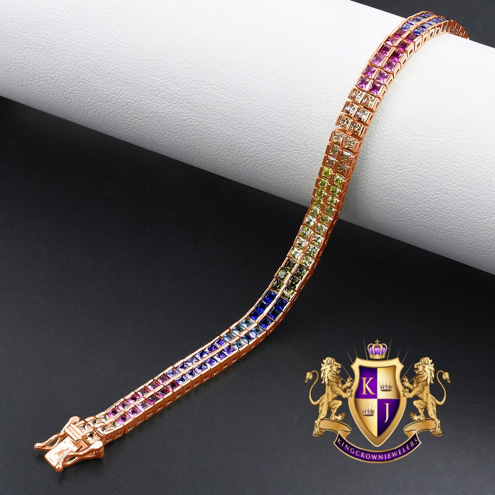 14K Rose Gold On Real Genuine Sterling Silver Baguette 8 Cwt. Rainbow Multi Tone 2 Row Unisex Link Bracelet 6mm