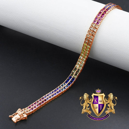 14K Rose Gold On Real Genuine Sterling Silver Baguette 8 Cwt. Rainbow Multi Tone 2 Row Unisex Link Bracelet 6mm