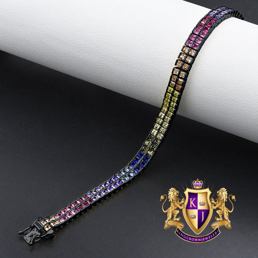 14K Black Gold On Real Genuine Sterling Silver Baguette 8 Cwt. Rainbow Multi Tone 2 Row Unisex Link Bracelet 6mm