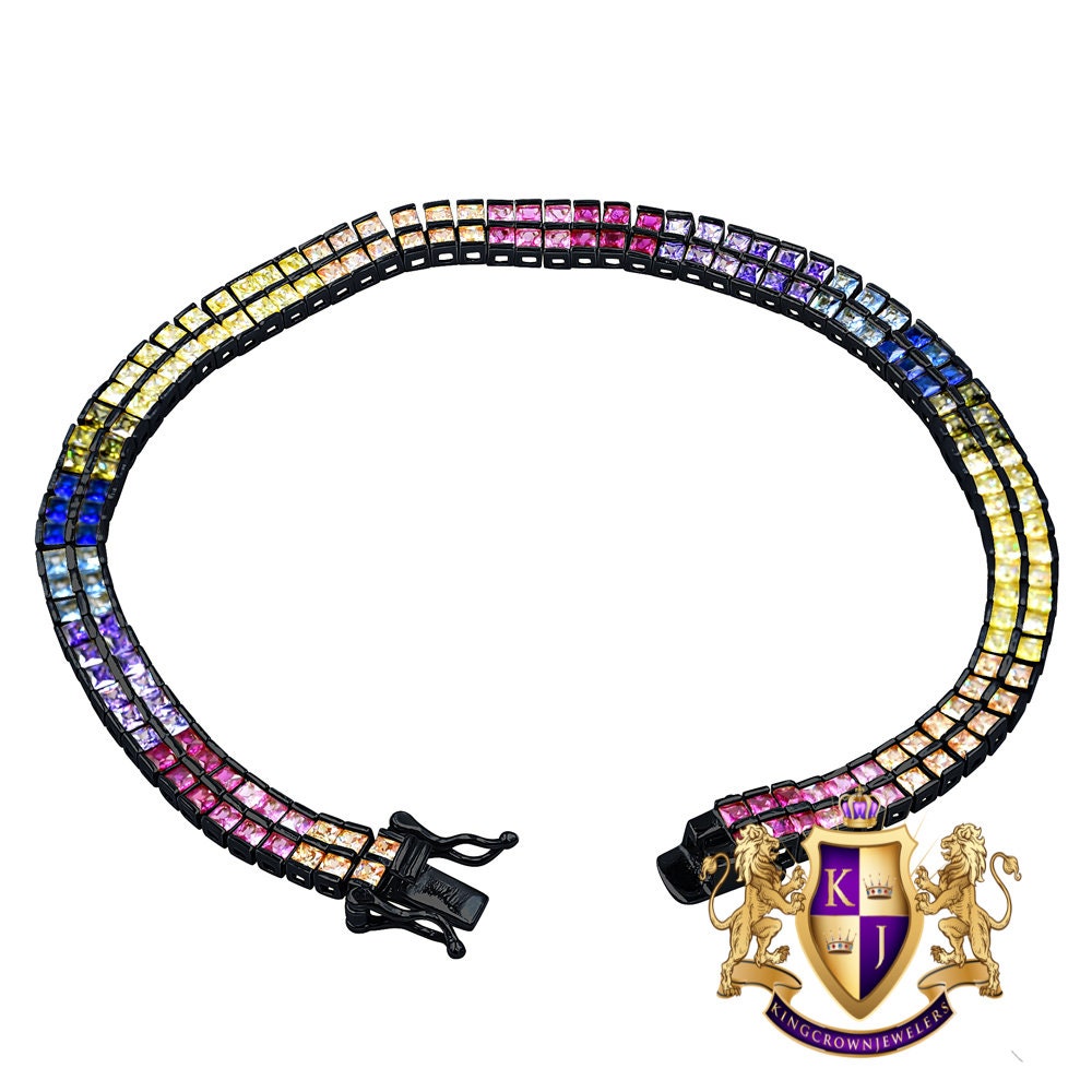 14K Black Gold On Real Genuine Sterling Silver Baguette 8 Cwt. Rainbow Multi Tone 2 Row Unisex Link Bracelet 6mm