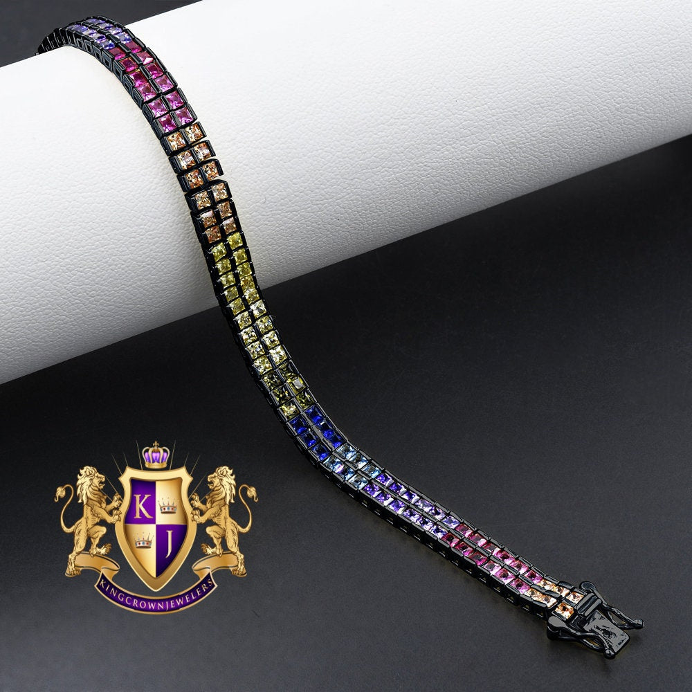 14K Black Gold On Real Genuine Sterling Silver Baguette 8 Cwt. Rainbow Multi Tone 2 Row Unisex Link Bracelet 6mm