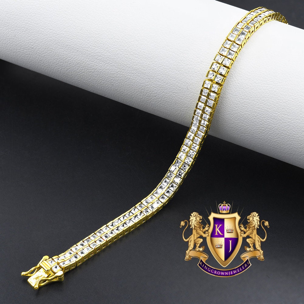 Real Genuine Yellow Gold Sterling Silver Baguette 8 Cwt. Simulated Diamond 2 Row Unisex Link Bracelet 6mm