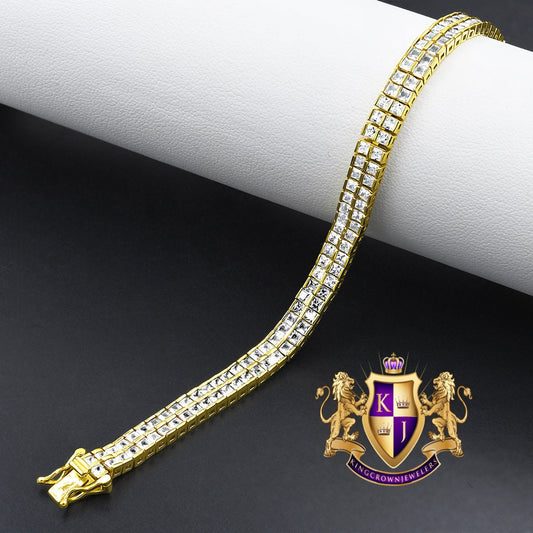 Real Genuine Yellow Gold Sterling Silver Baguette 8 Cwt. Simulated Diamond 2 Row Unisex Link Bracelet 6mm