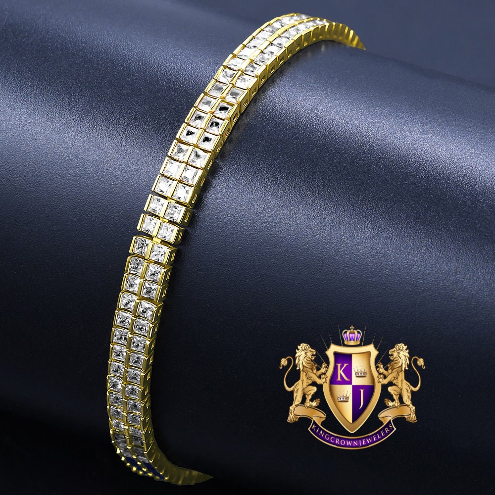Real Genuine Yellow Gold Sterling Silver Baguette 8 Cwt. Simulated Diamond 2 Row Unisex Link Bracelet 6mm