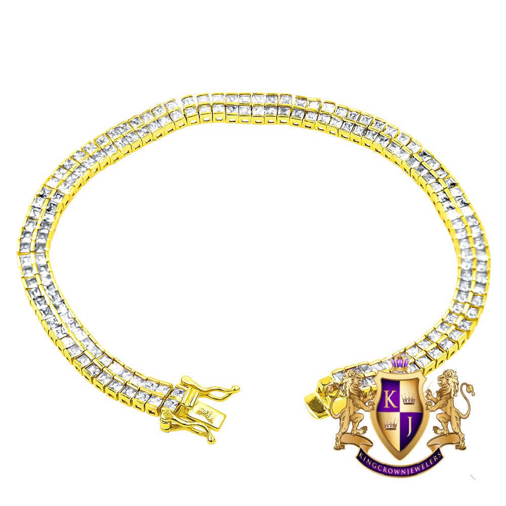 Real Genuine Yellow Gold Sterling Silver Baguette 8 Cwt. Simulated Diamond 2 Row Unisex Link Bracelet 6mm
