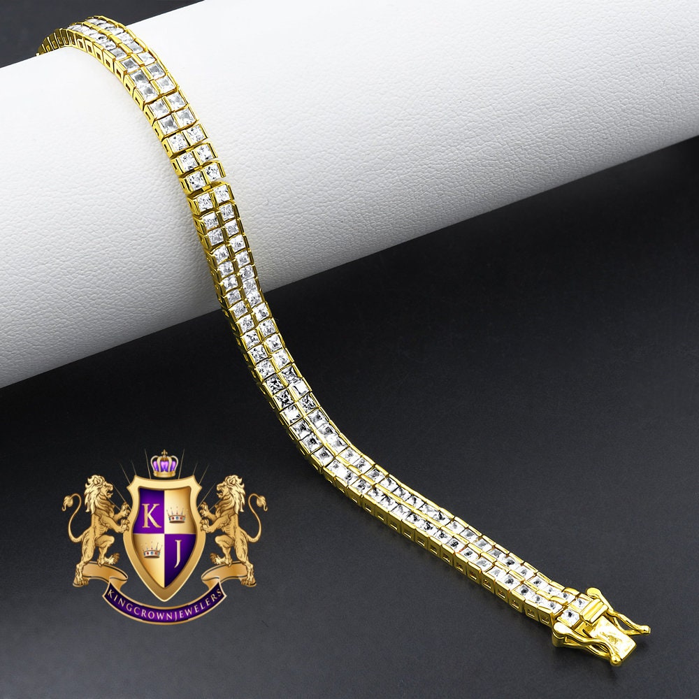Real Genuine Yellow Gold Sterling Silver Baguette 8 Cwt. Simulated Diamond 2 Row Unisex Link Bracelet 6mm