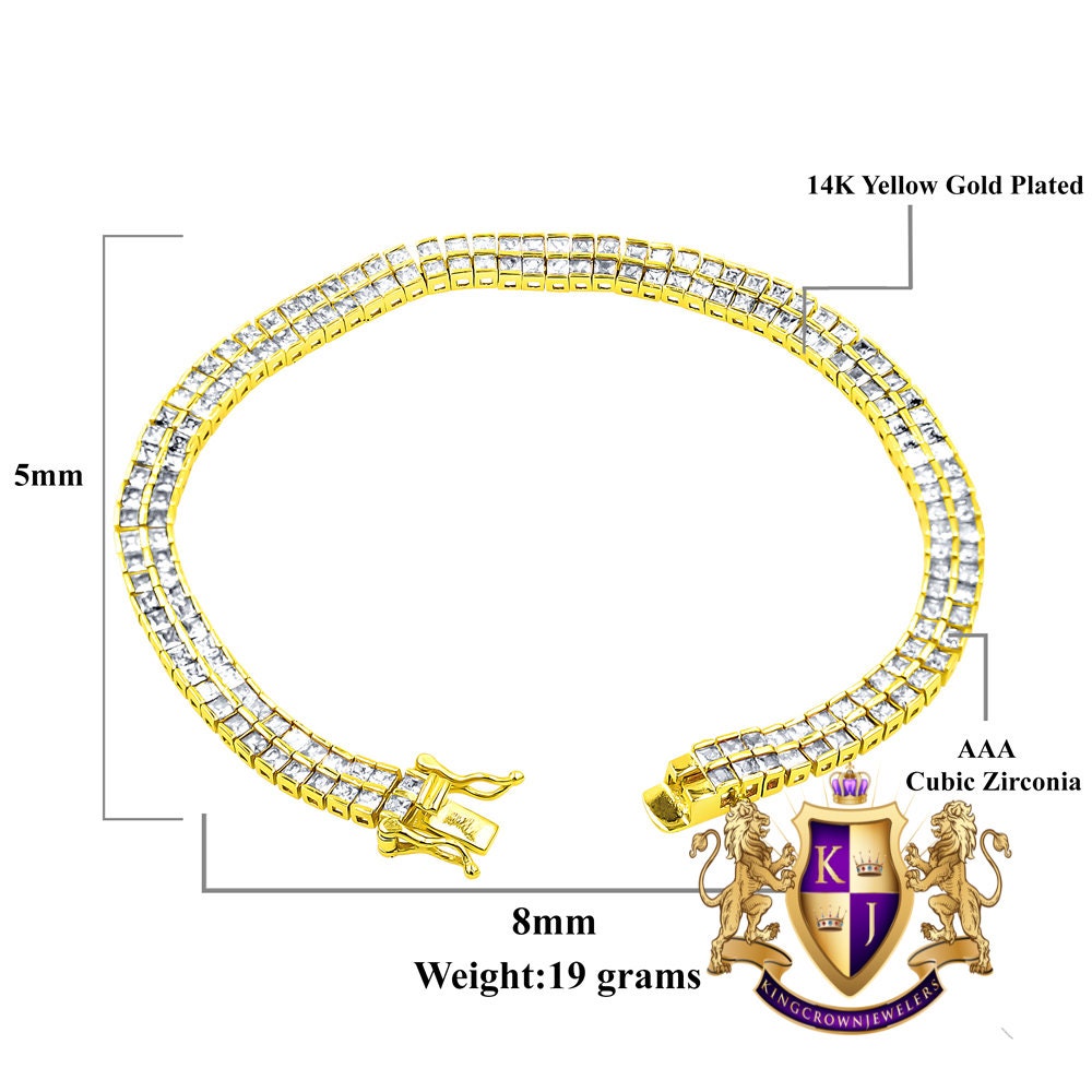 Real Genuine Yellow Gold Sterling Silver Baguette 8 Cwt. Simulated Diamond 2 Row Unisex Link Bracelet 6mm
