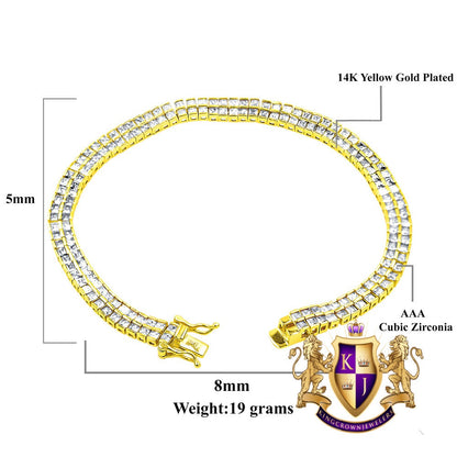Real Genuine Yellow Gold Sterling Silver Baguette 8 Cwt. Simulated Diamond 2 Row Unisex Link Bracelet 6mm