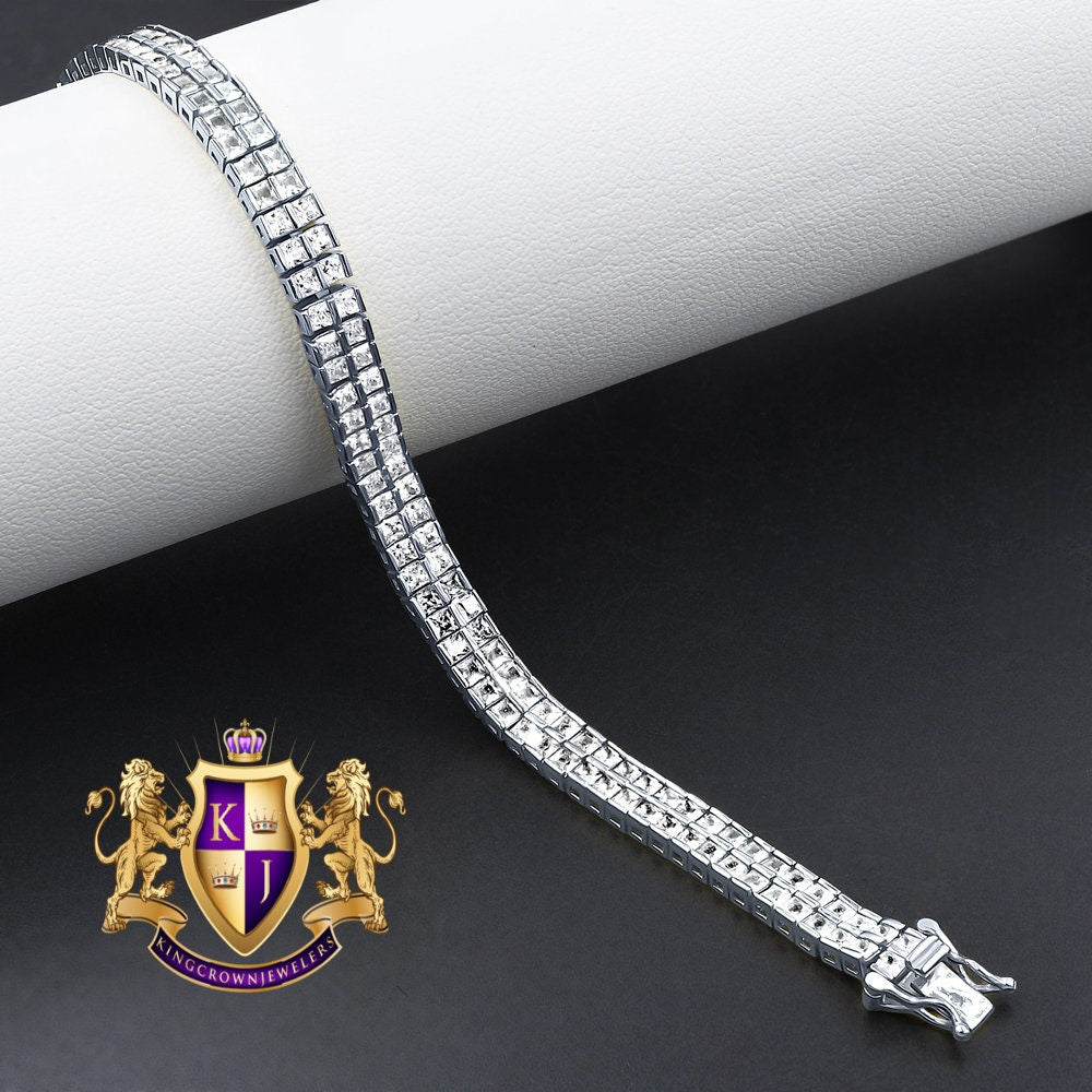 14K White Gold Over Real Genuine Sterling Silver Baguette 8 Cwt. Simulated Diamond 2 Row Unisex Link Bracelet 6mm