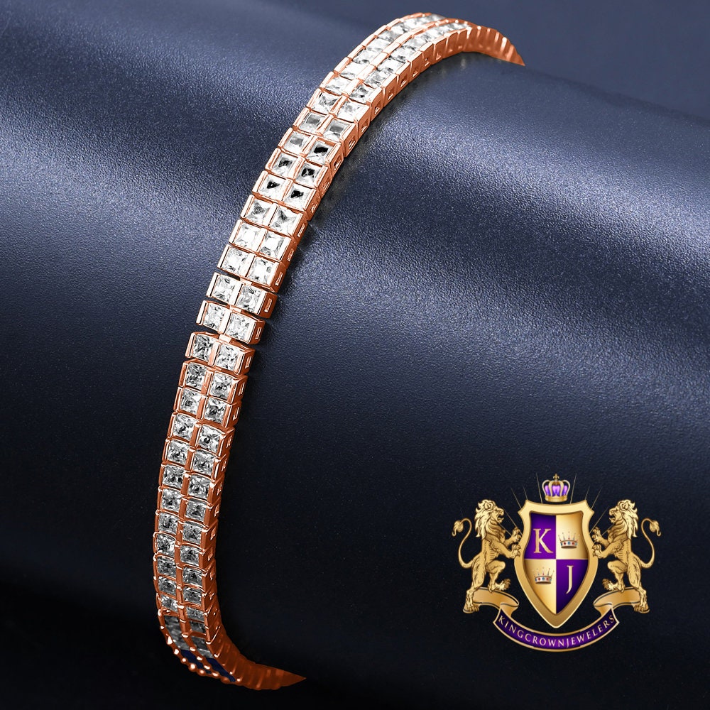 14K Rose Gold Over Real Genuine Sterling Silver Baguette 8 Cwt. Simulated Diamond 2 Row Unisex Link Bracelet 6mm
