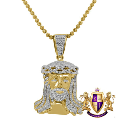 Real Genuine Authentic Diamonds Holy Jesus Face Piece Pendant 10K Gold Finish Mini Charm Chain Set