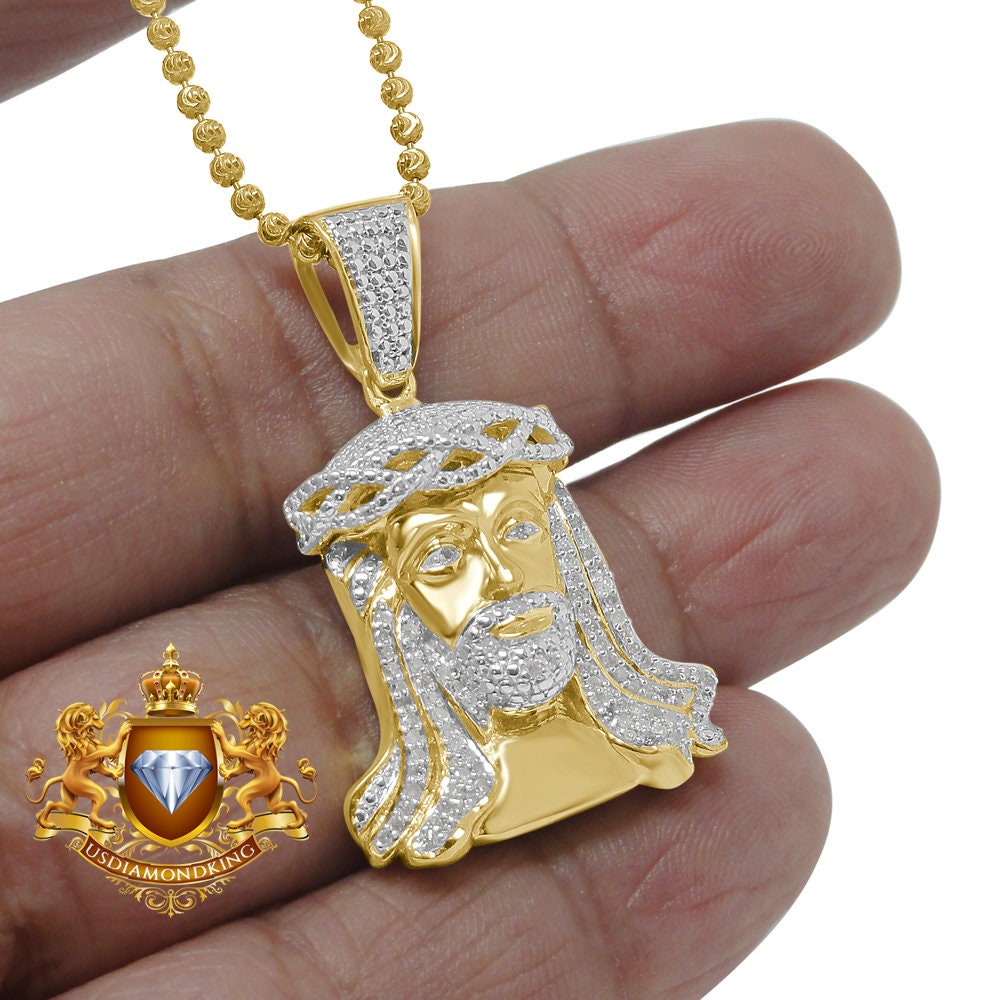 Real Genuine Authentic Diamonds Holy Jesus Face Piece Pendant 10K Gold Finish Mini Charm Chain Set