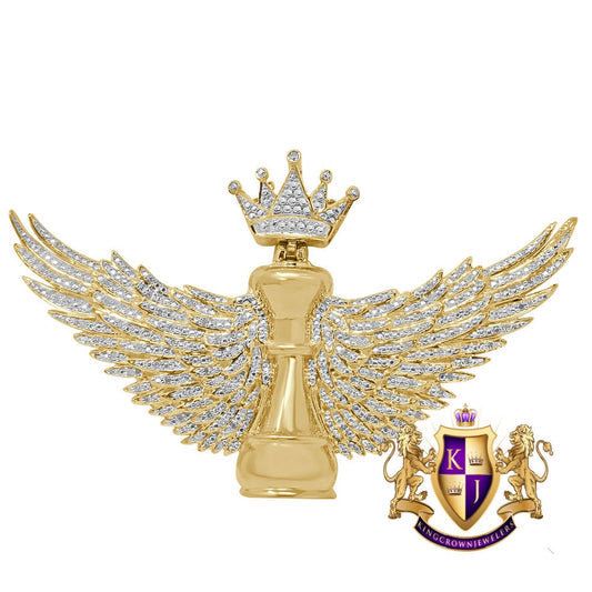 100% Real Genuine Diamond Men's King Chess Piece Pawn Crown Wings Pendent Charm 10K Yellow Gold Finish