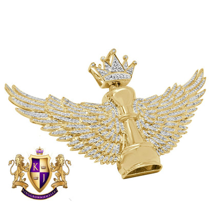 100% Real Genuine Diamond Men's King Chess Piece Pawn Crown Wings Pendent Charm 10K Yellow Gold Finish