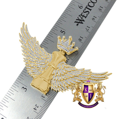 100% Real Genuine Diamond Men's King Chess Piece Pawn Crown Wings Pendent Charm 10K Yellow Gold Finish