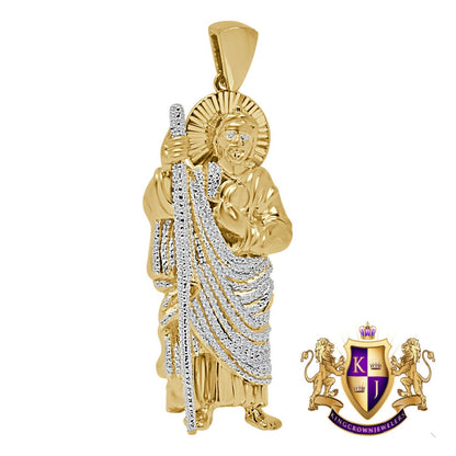 Men's Real Genuine Authentic Diamond 0.50 Cwt. 29+ Grams Saint Jude San Judas Tadeo Charm 10K Solid Gold Over Jesus Religious Pendant 2.75''