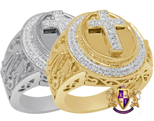 Real Genuine Diamond Holy Jesus Cross 10K Gold Finish Men's Religious Ring Band