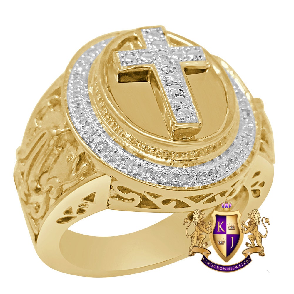 Real Genuine Diamond Holy Jesus Cross 10K Gold Finish Men's Religious Ring Band