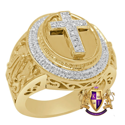 Real Genuine Diamond Holy Jesus Cross 10K Gold Finish Men's Religious Ring Band