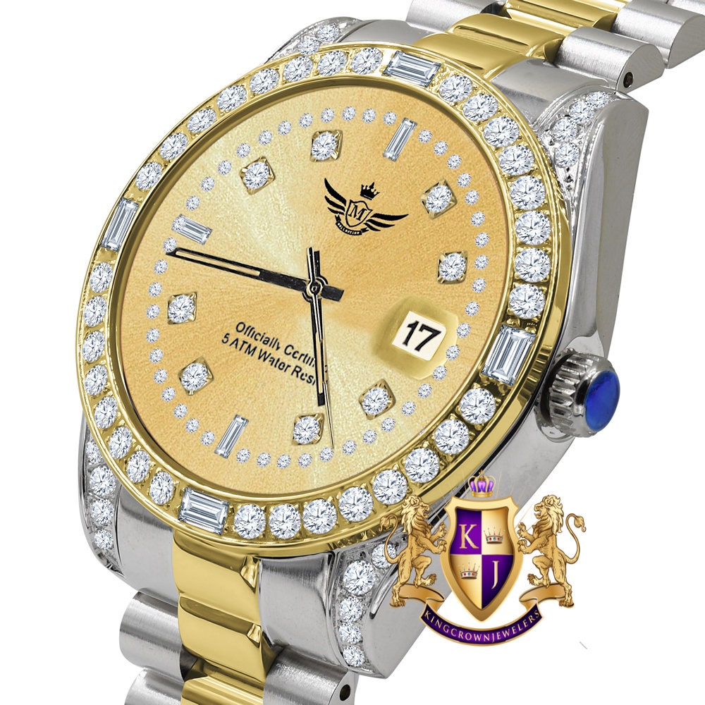 Men's Full Stainless Steel Black Dial 2 Tone Gold Dial Simulated Diamond 40mm Presidential Watch