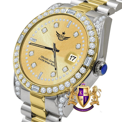 Men's Full Stainless Steel Black Dial 2 Tone Gold Dial Simulated Diamond 40mm Presidential Watch